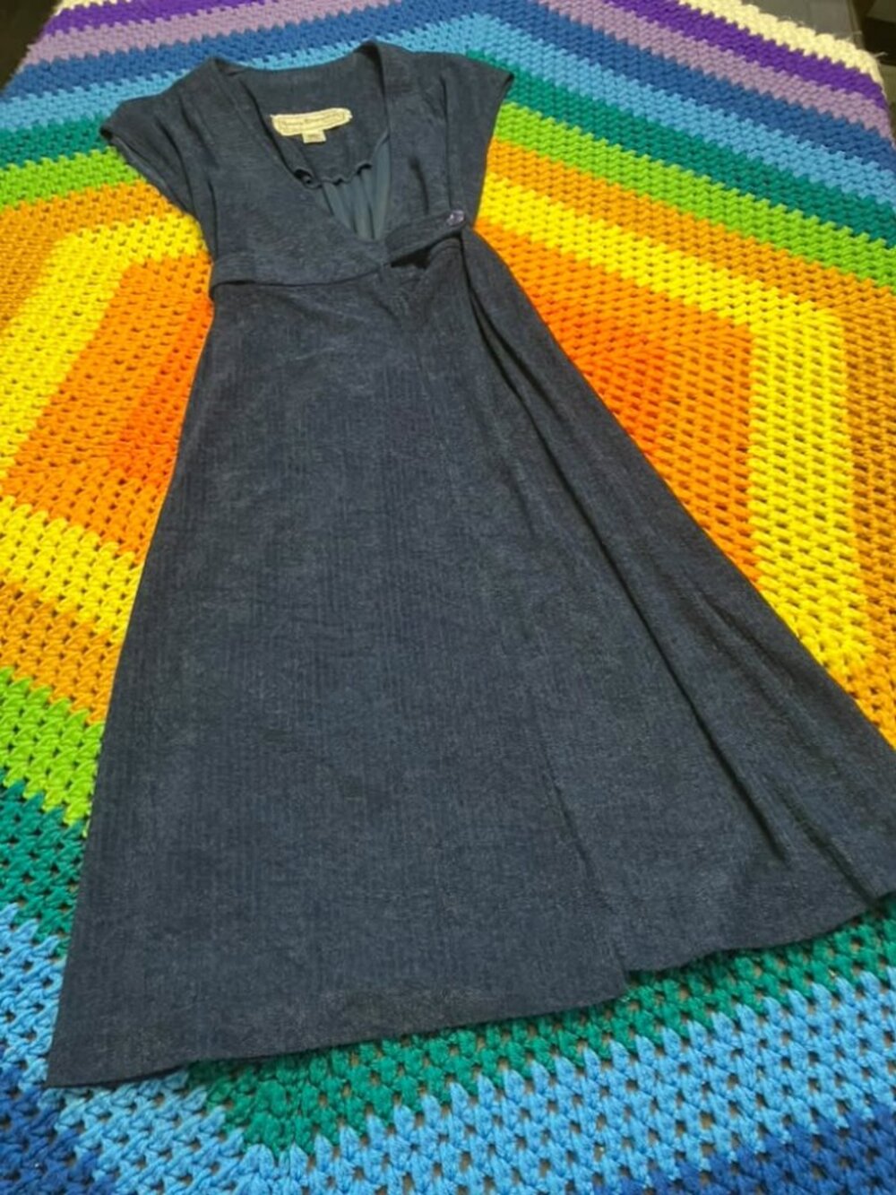 70's Vintage Young Edwardian Arpeja Blue Poly Knit Wrap Midi Dress